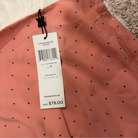BCBGeneration Watermelon Pink Polka Dot Ruched Slip Asymmetric Skirt - Picture 6 of 10